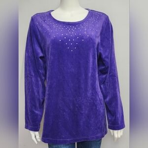 The Quacker Factory Womens Velour Purple Long Sleeve Embellished Top Medium M